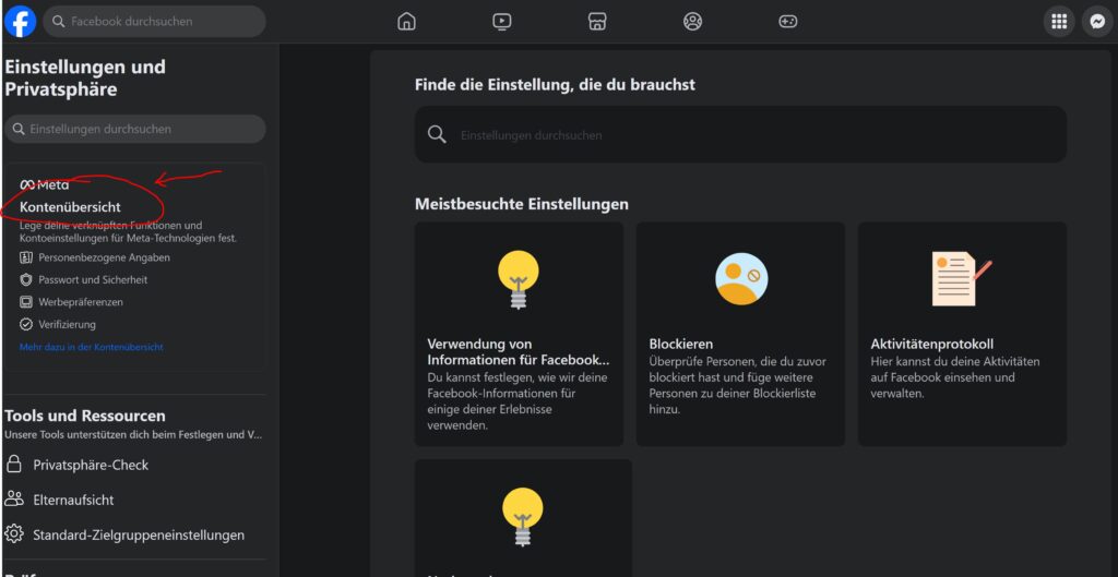 Facebook Kontenübersicht Einstellungen